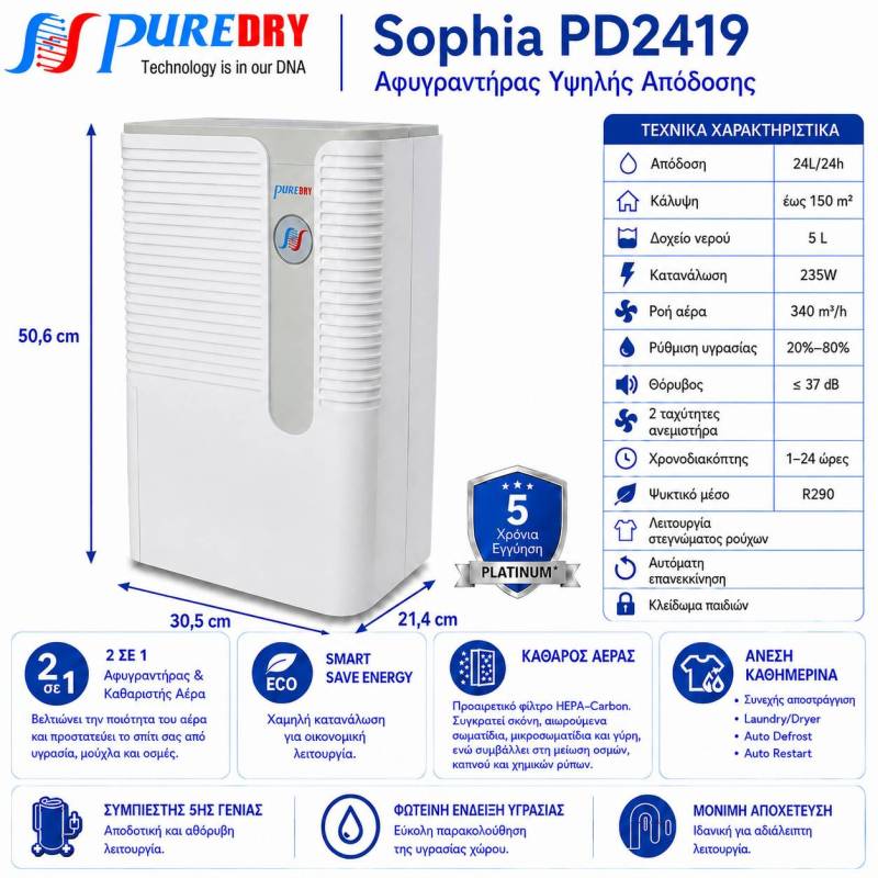 Αφυγραντήρας Puredry Sophia PD 2419 Design Low Energy