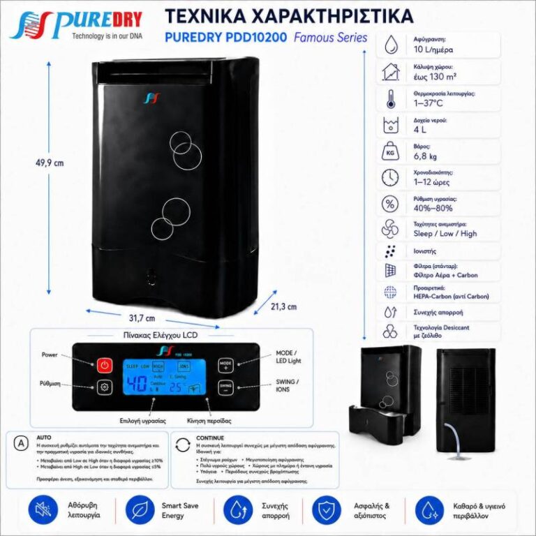 Puredry PDD10200 Famous Αφυγραντήρας  10 L/24ωρο με LCD και Ιονιστή